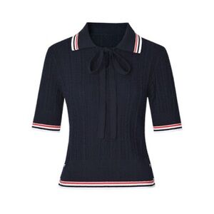 Thom Browne Cable-knit Keyhole Polo T-shirt In Blue